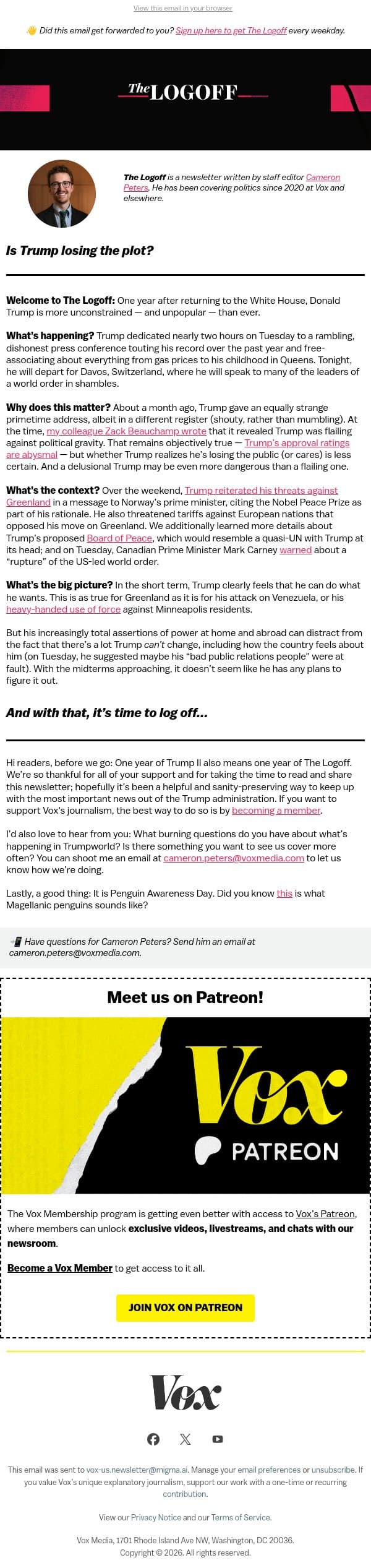 Is Trump losing the plot? email from Vox screenshot