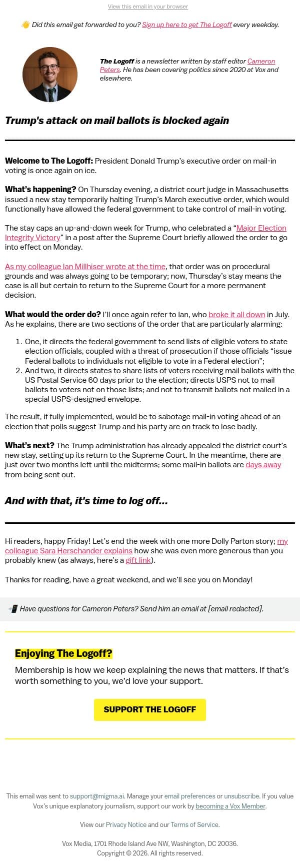 Trump's attack on mail ballots is blocked again email from Vox screenshot