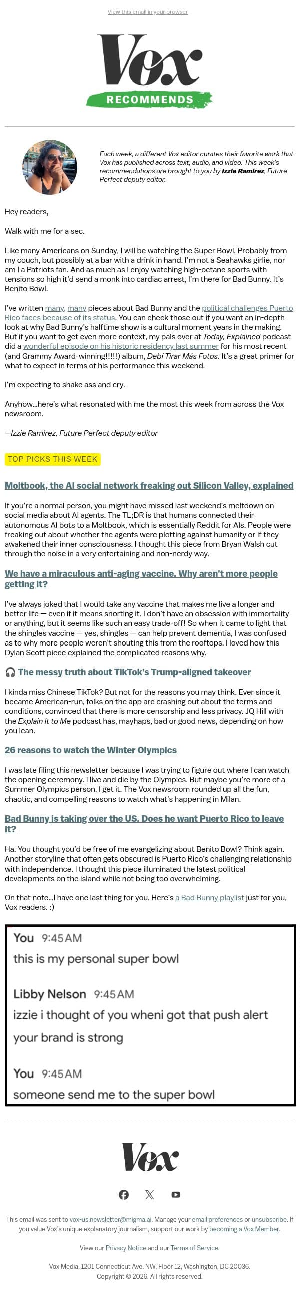 Bad Bunny, the Olympics, and more from Vox email from Vox screenshot