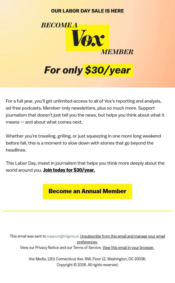 Celebrate Labor Day with Vox for $30/year email from Vox screenshot