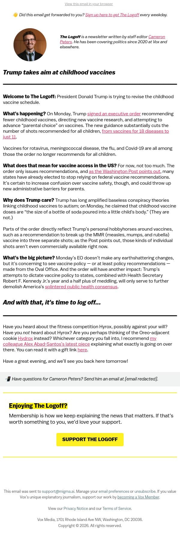 Trump takes aim at childhood vaccines email from Vox screenshot