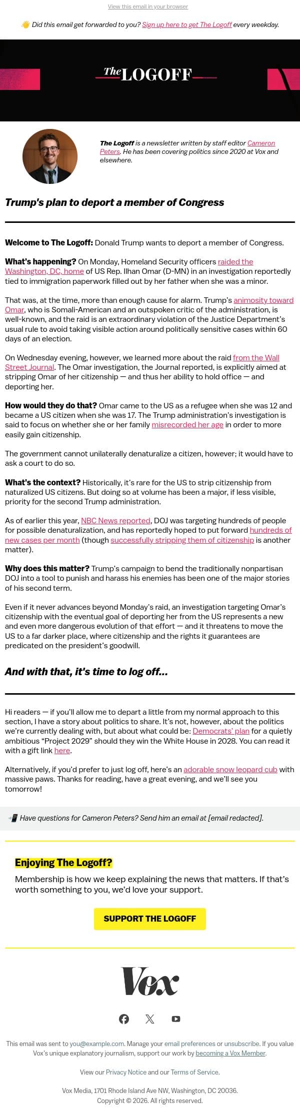 Trump's plan to deport a member of Congress email from Vox screenshot