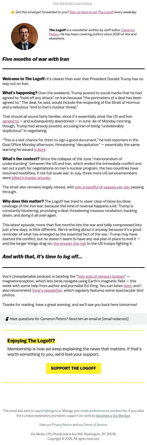 Five months of war with Iran email from Vox screenshot