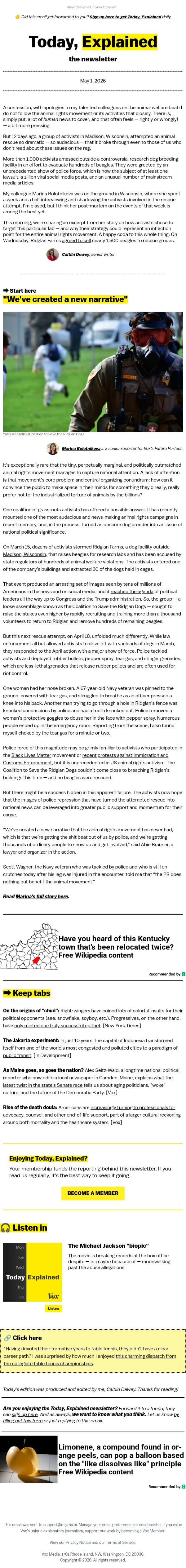 A turning point for the animal rights movement email from Vox screenshot