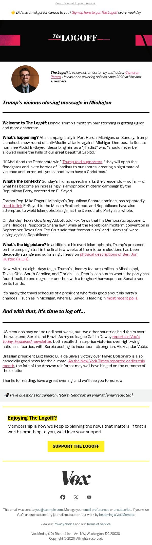 Trump's vicious closing message in Michigan email from Vox screenshot