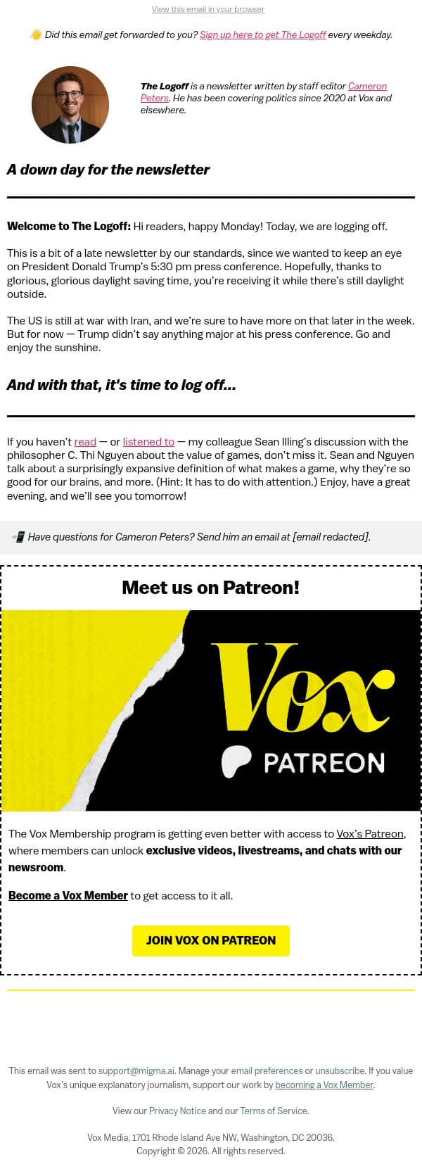 Log off and enjoy the late sunset email from Vox screenshot