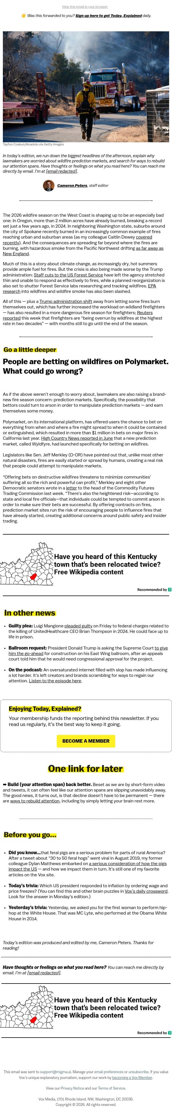 Wildfires hit...Polymarket? email from Vox screenshot