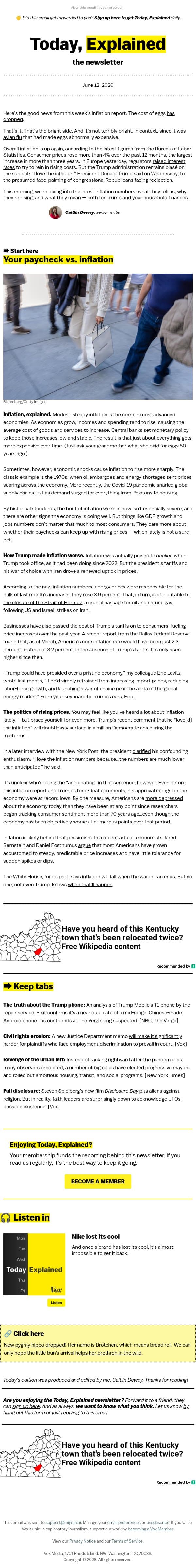 Trump "loves" inflation? email from Vox screenshot