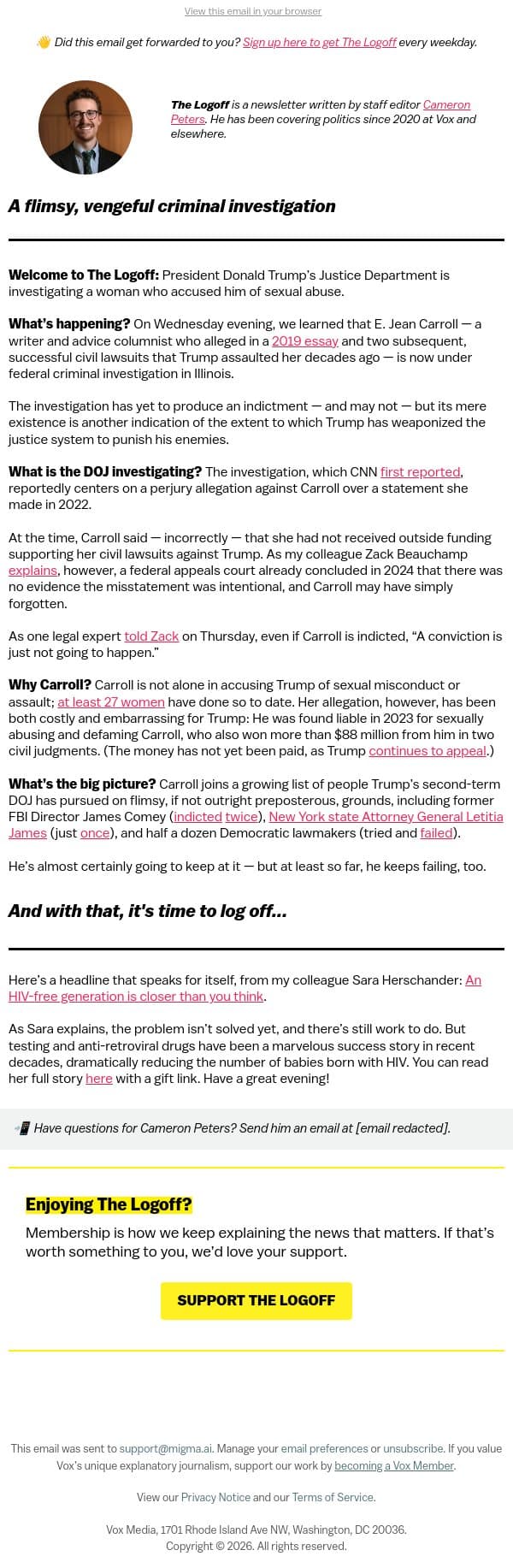 A flimsy, vengeful criminal investigation email from Vox screenshot
