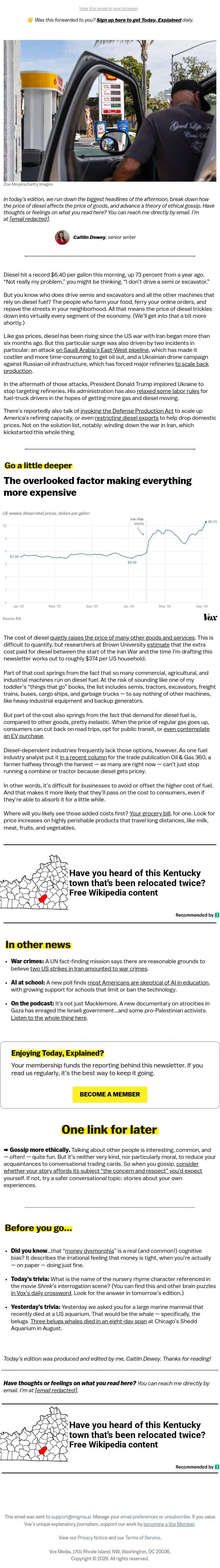 Why diesel prices are everybody’s problem email from Vox screenshot