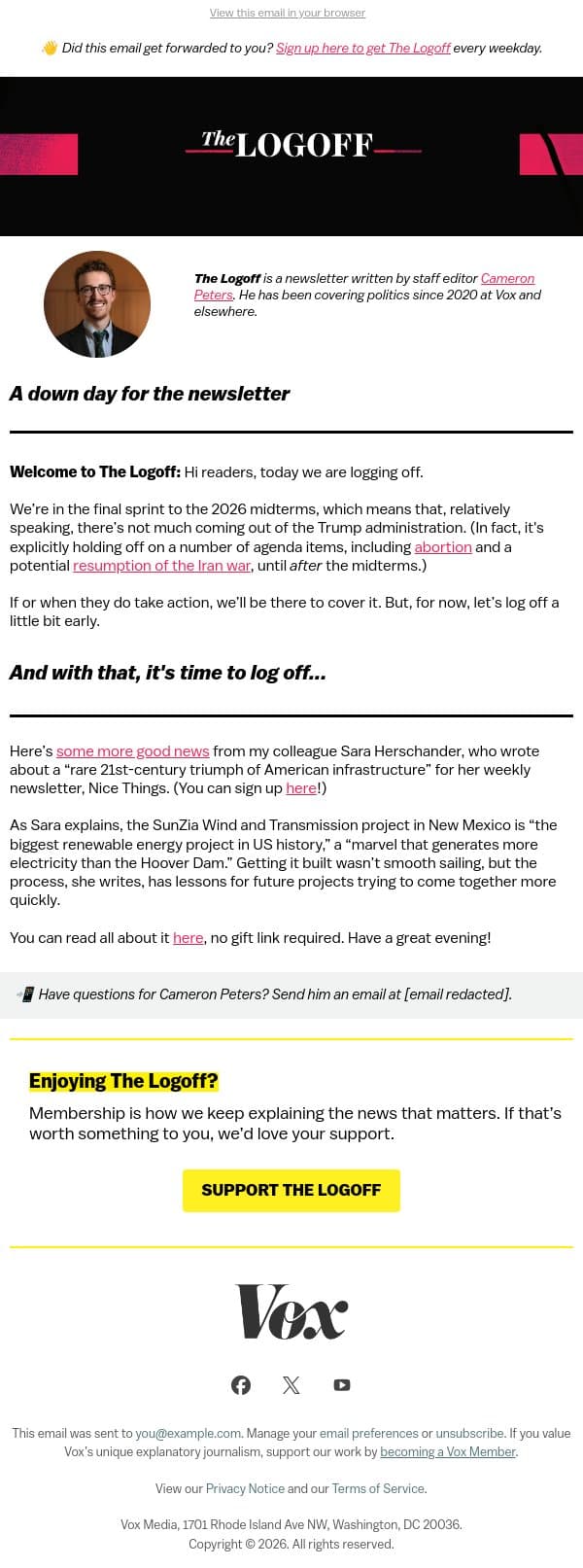 Log off with a victory for renewable energy email from Vox screenshot