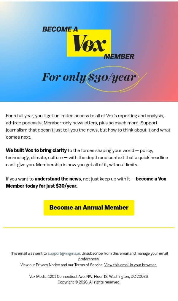 Your summer upgrade: Become a member for $30/year email from Vox screenshot