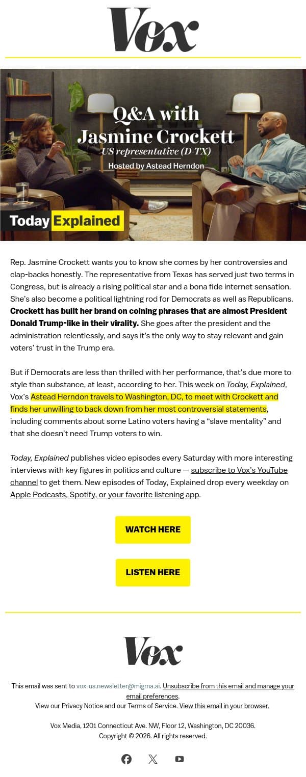 Jasmine Crockett isn’t backing down email from Vox screenshot