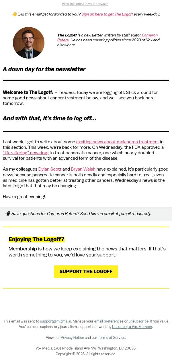 A cancer breakthrough before you log off email from Vox screenshot