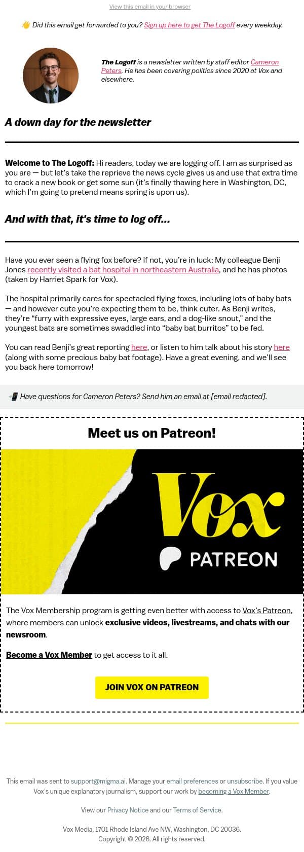 Log off with the cutest animals you've ever seen email from Vox screenshot