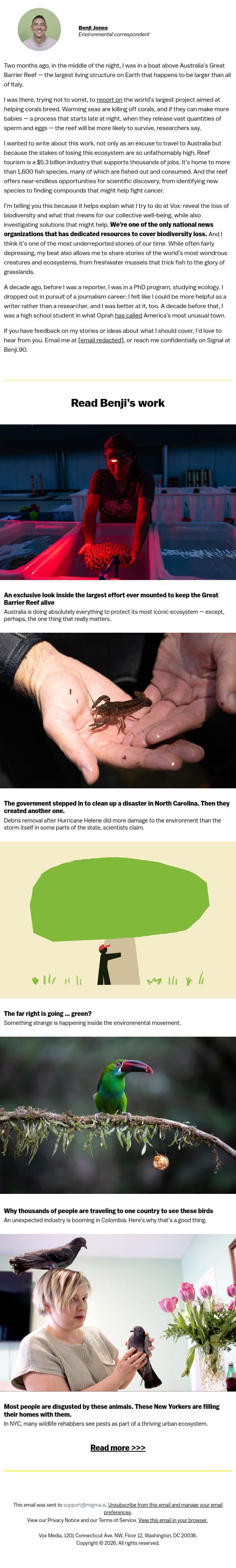 Covering what biodiversity means for our well-being email from Vox screenshot