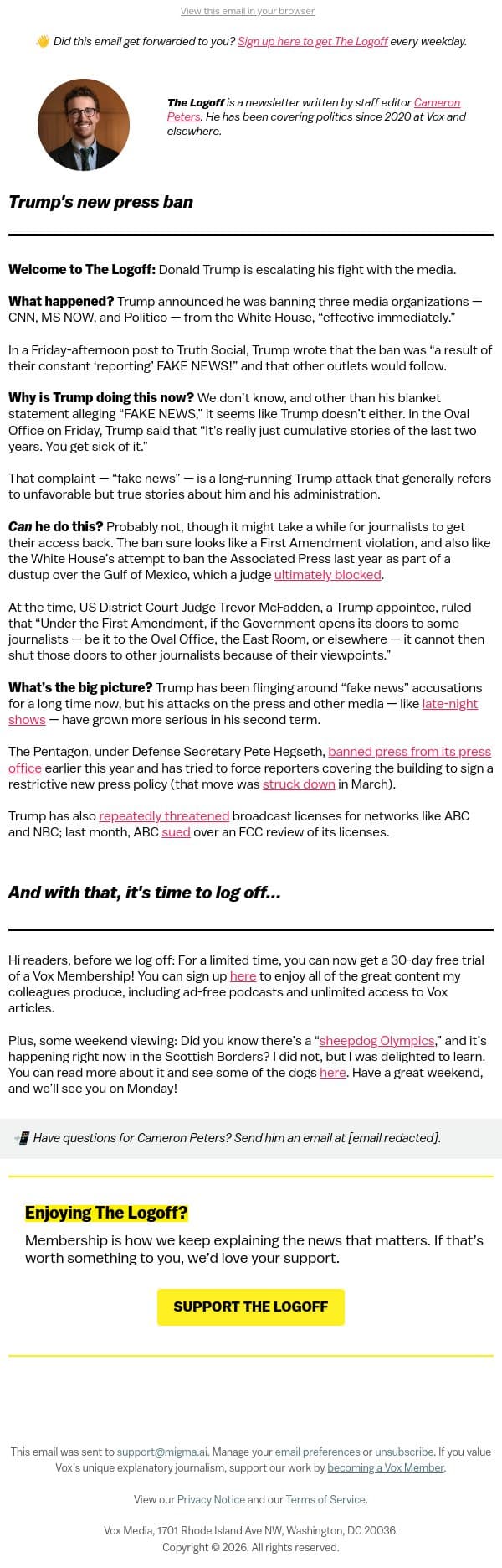 Trump's new press ban email from Vox screenshot
