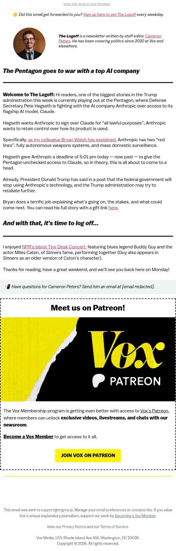 The Pentagon goes to war with a top AI company email from Vox screenshot