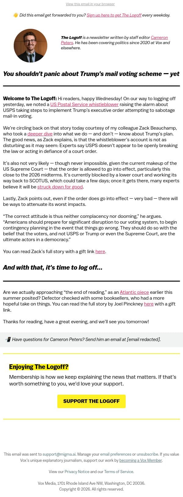 You shouldn't panic about Trump's mail voting scheme — yet email from Vox screenshot