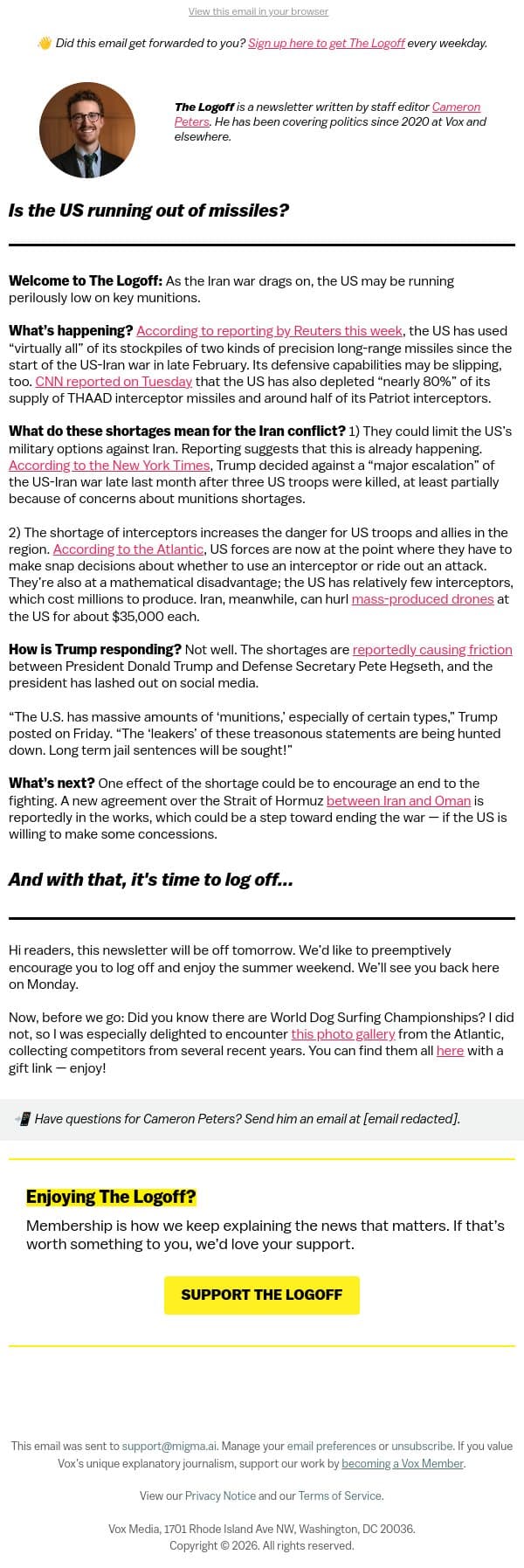 Is the US running out of missiles? email from Vox screenshot