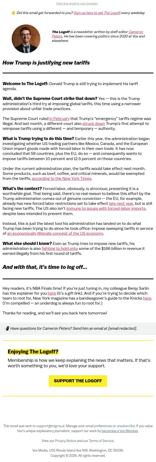 How Trump is justifying new tariffs email from Vox screenshot