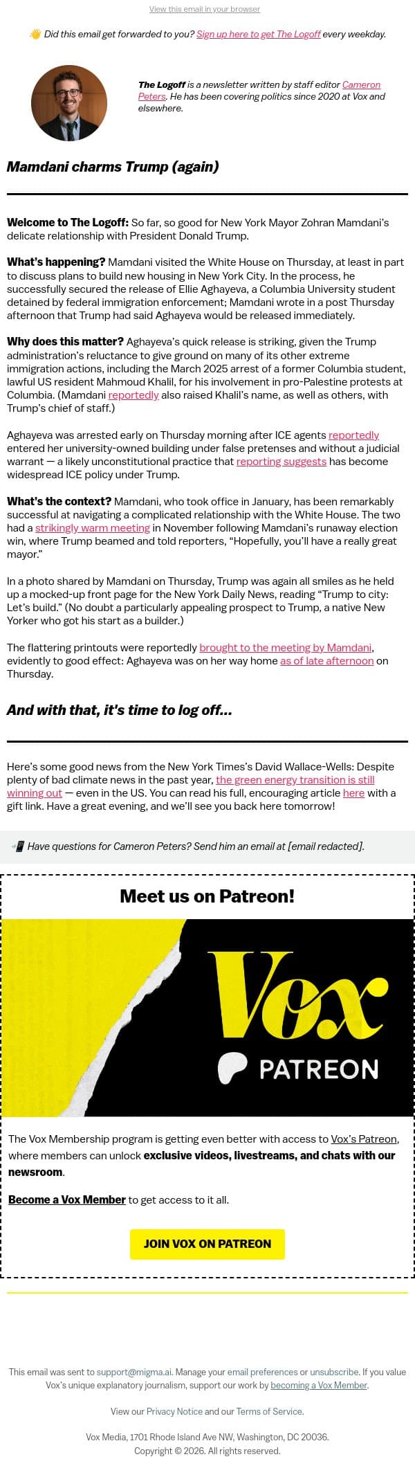Mamdani charms Trump (again) email from Vox screenshot