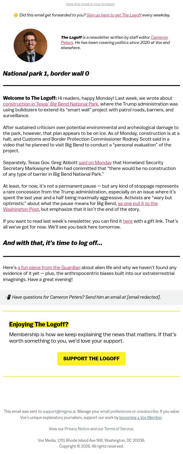 National park 1, border wall 0 email from Vox screenshot