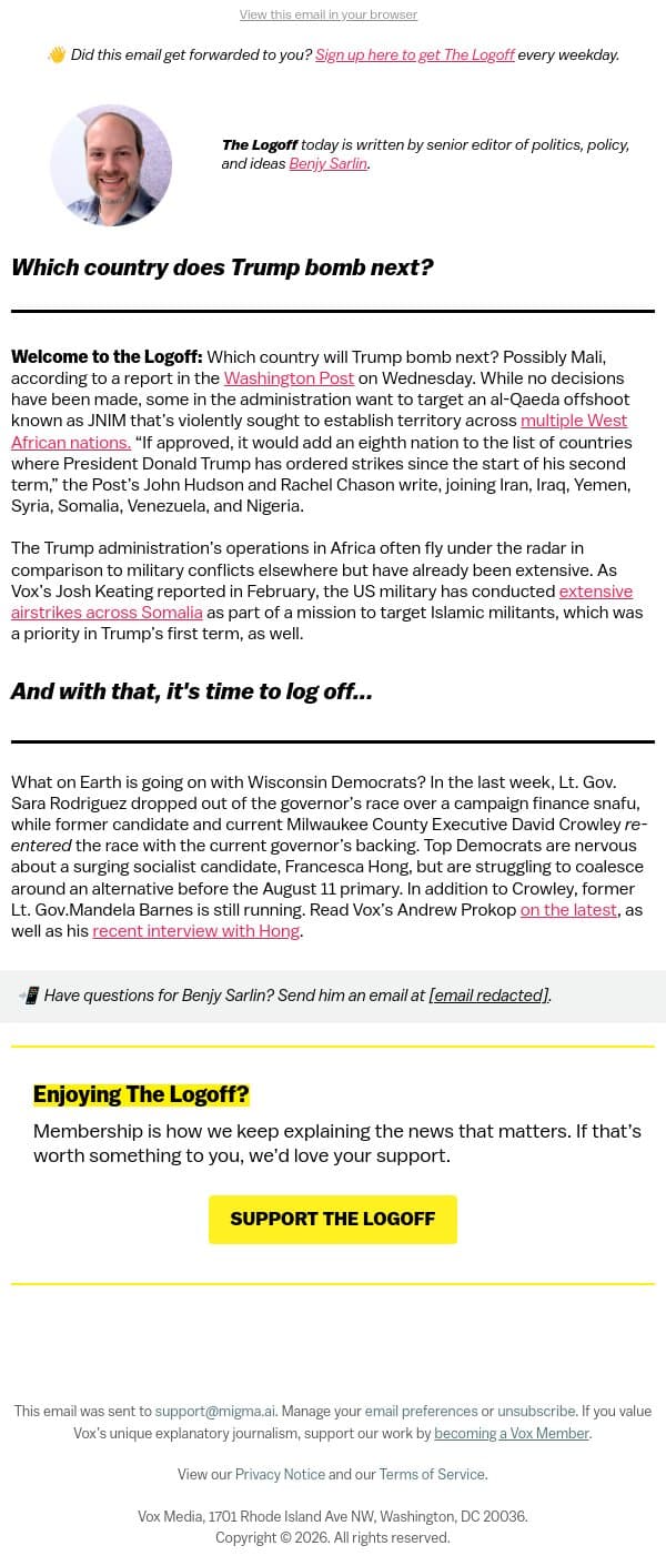 Which country will Trump bomb next? email from Vox screenshot