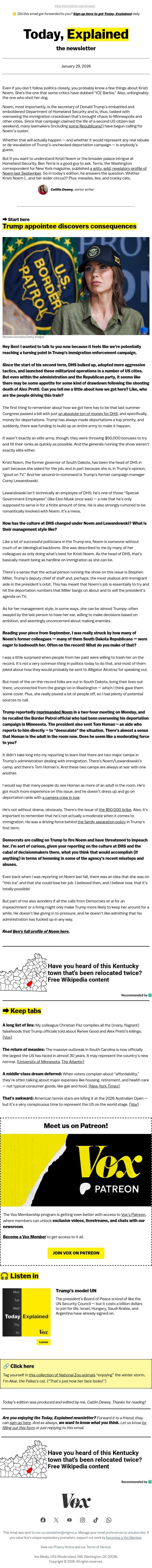 How much trouble is Kristi Noem in? email from Vox screenshot