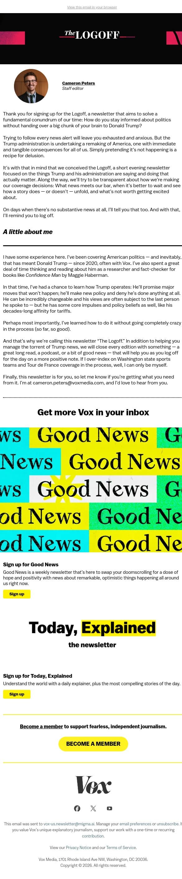 Welcome to The Logoff email from Vox screenshot