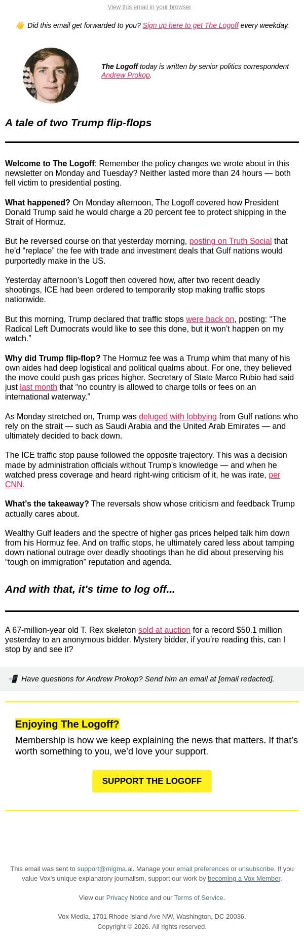 A tale of two Trump flip-flops email from Vox screenshot