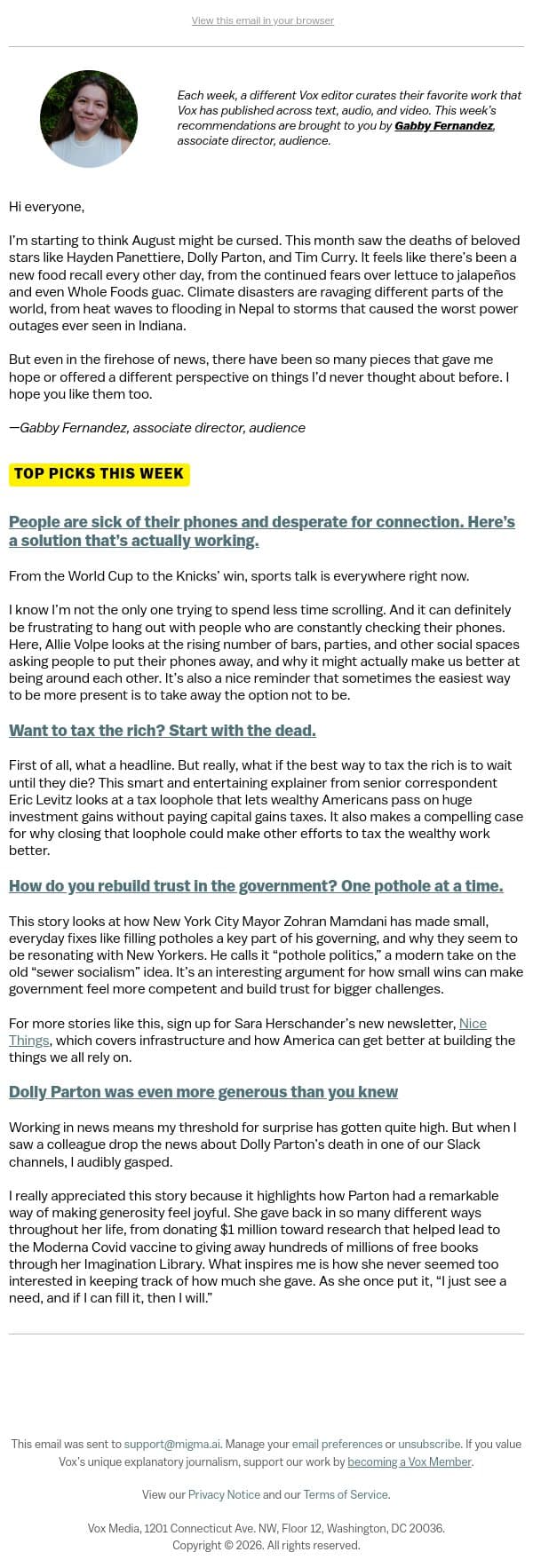 Phone-free events are the latest analog trend email from Vox screenshot