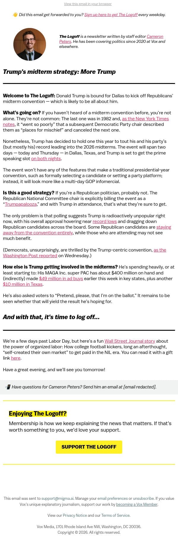 Trump's midterm strategy: More Trump email from Vox screenshot