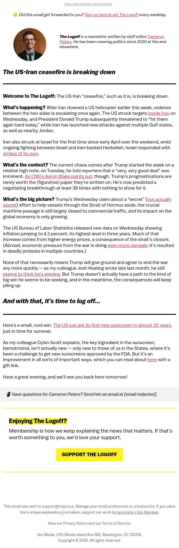 The US-Iran ceasefire is breaking down email from Vox screenshot