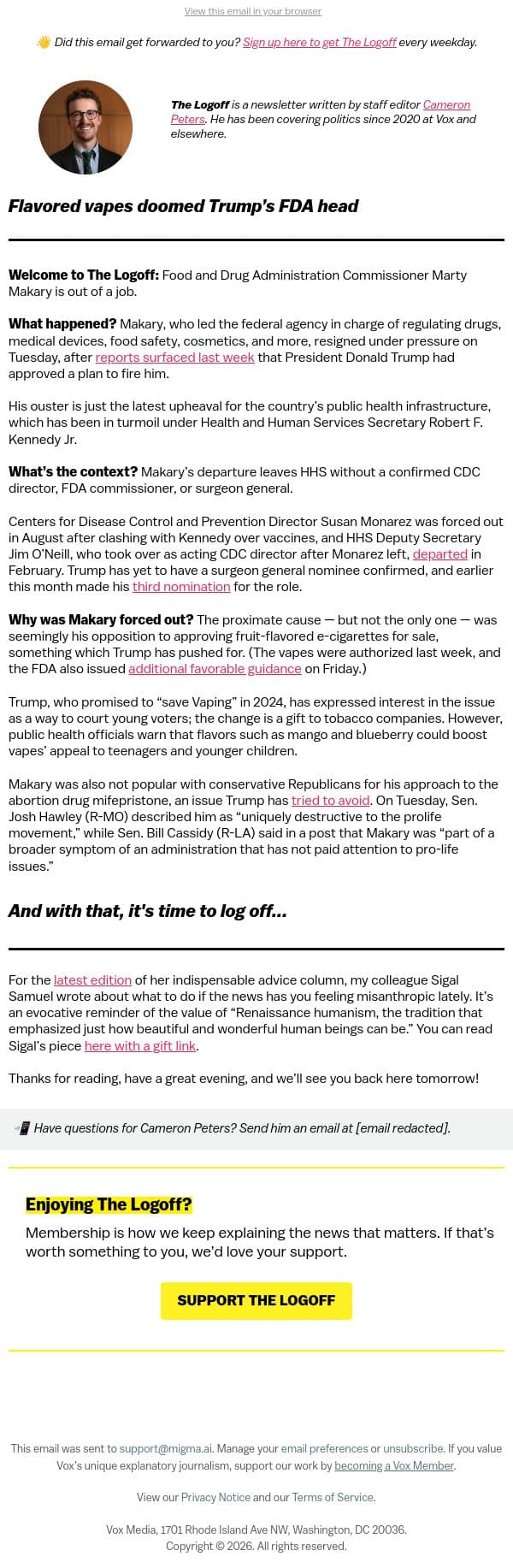 Flavored vapes doomed Trump’s FDA head email from Vox screenshot