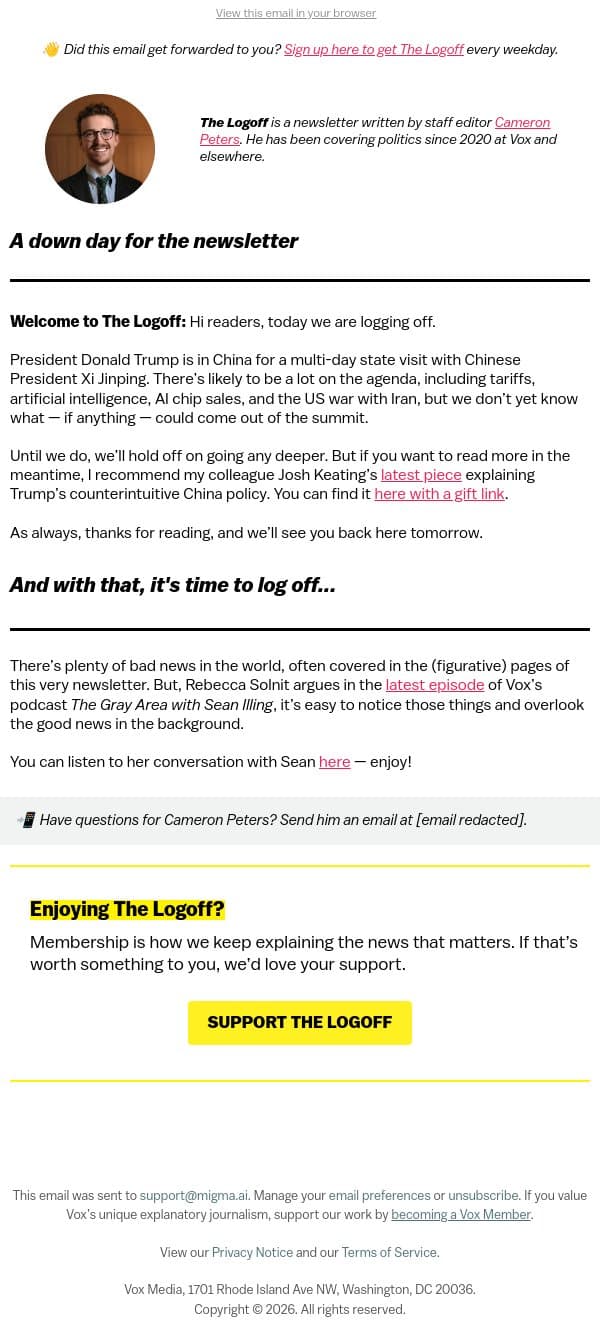 Log off with a reminder about progress email from Vox screenshot