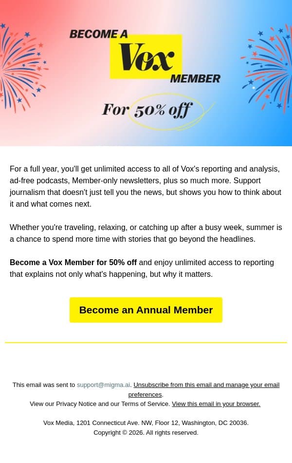 Light the sparklers, Vox is 50% off for July 4 email from Vox screenshot
