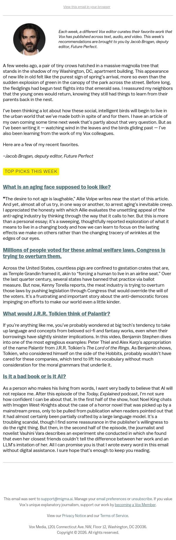 What is aging supposed to look like? email from Vox screenshot