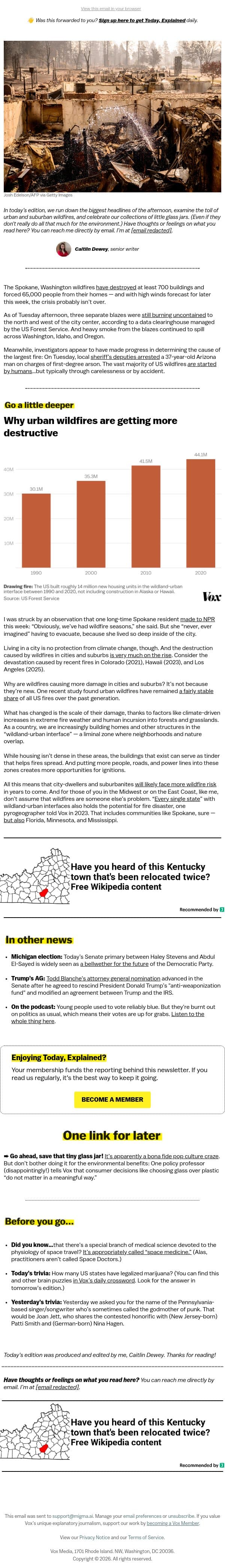 Wildfires come for the suburbs email from Vox screenshot