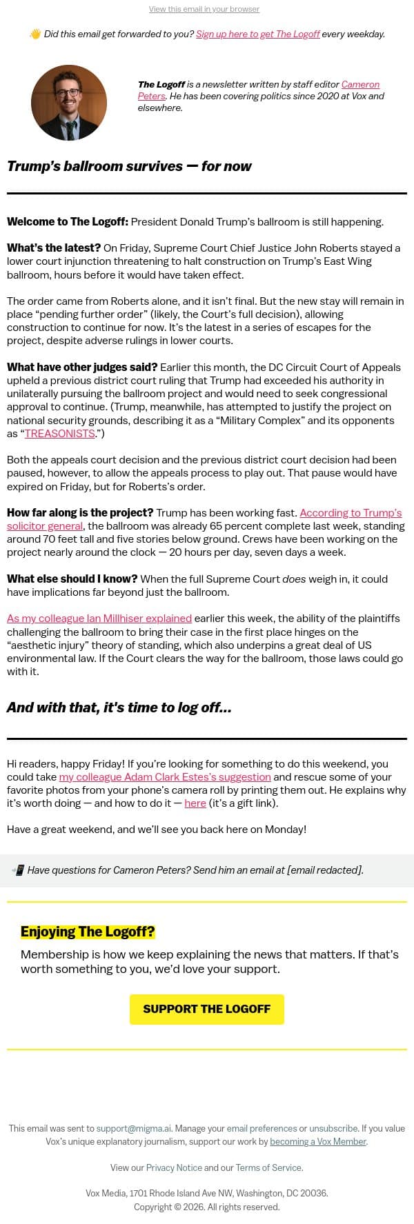 Trump’s ballroom survives — for now email from Vox screenshot
