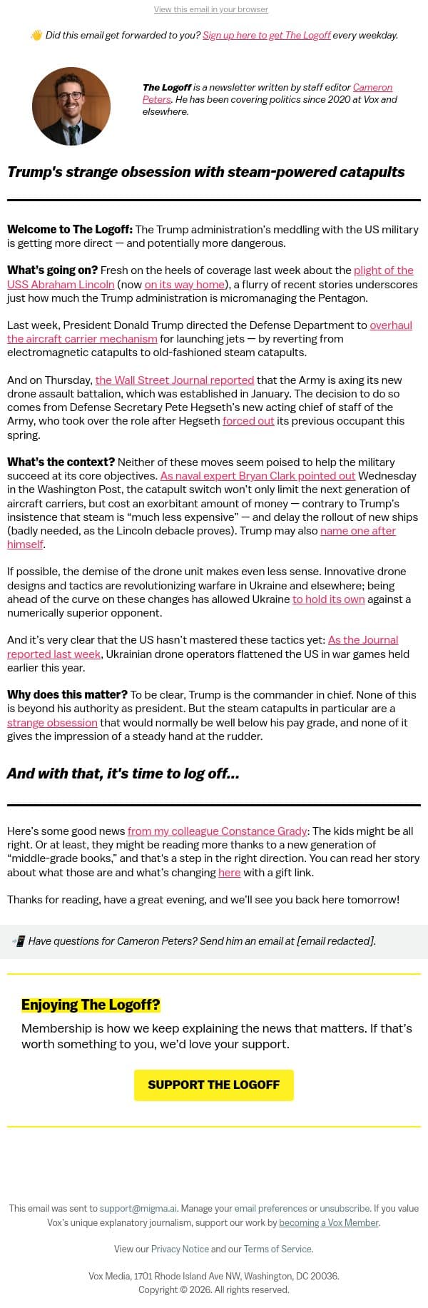 Trump's strange obsession with steam-powered catapults email from Vox screenshot