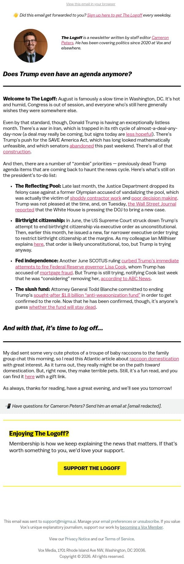 Does Trump even have an agenda anymore? email from Vox screenshot