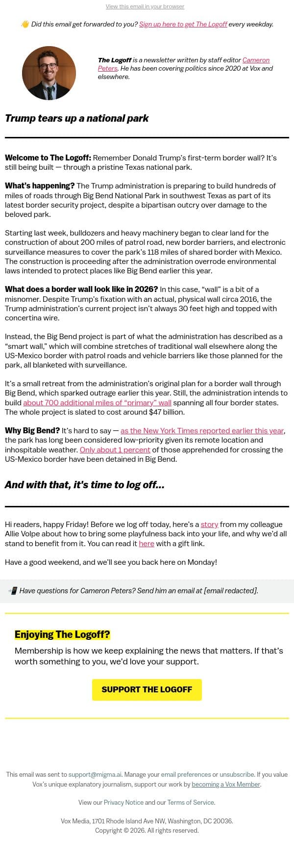 Trump tears up a national park email from Vox screenshot