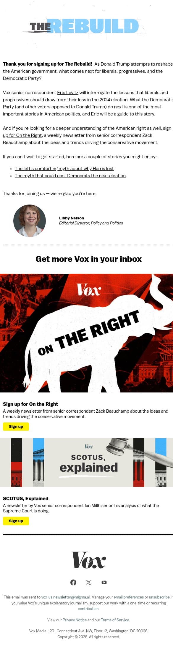 Welcome to The Rebuild! email from Vox screenshot