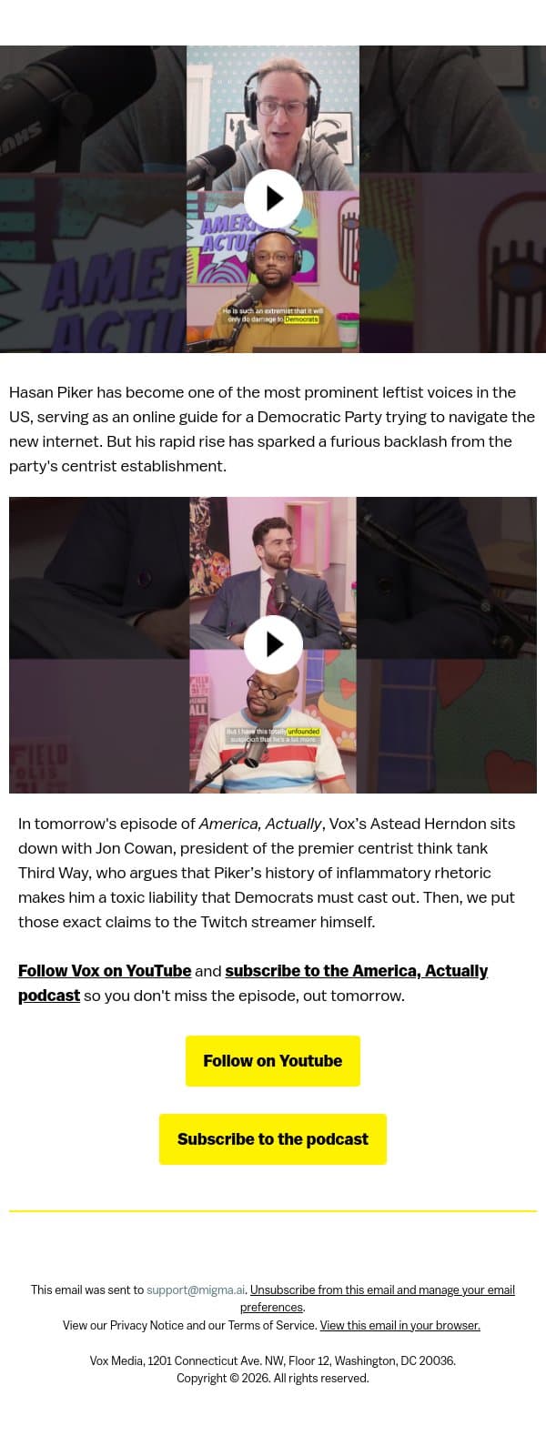 Should Democrats cancel Hasan Piker? email from Vox screenshot