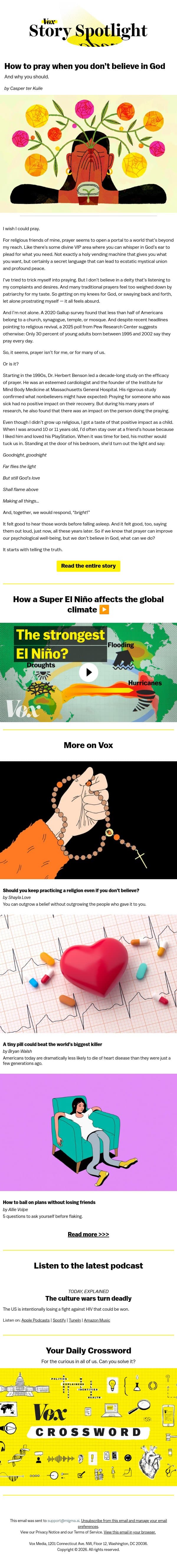 How to pray when you don’t believe in God email from Vox screenshot