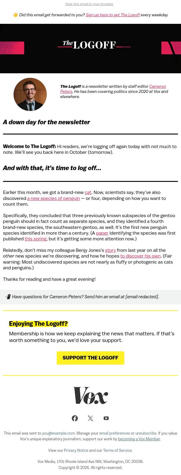 A new penguin before you log off email from Vox screenshot