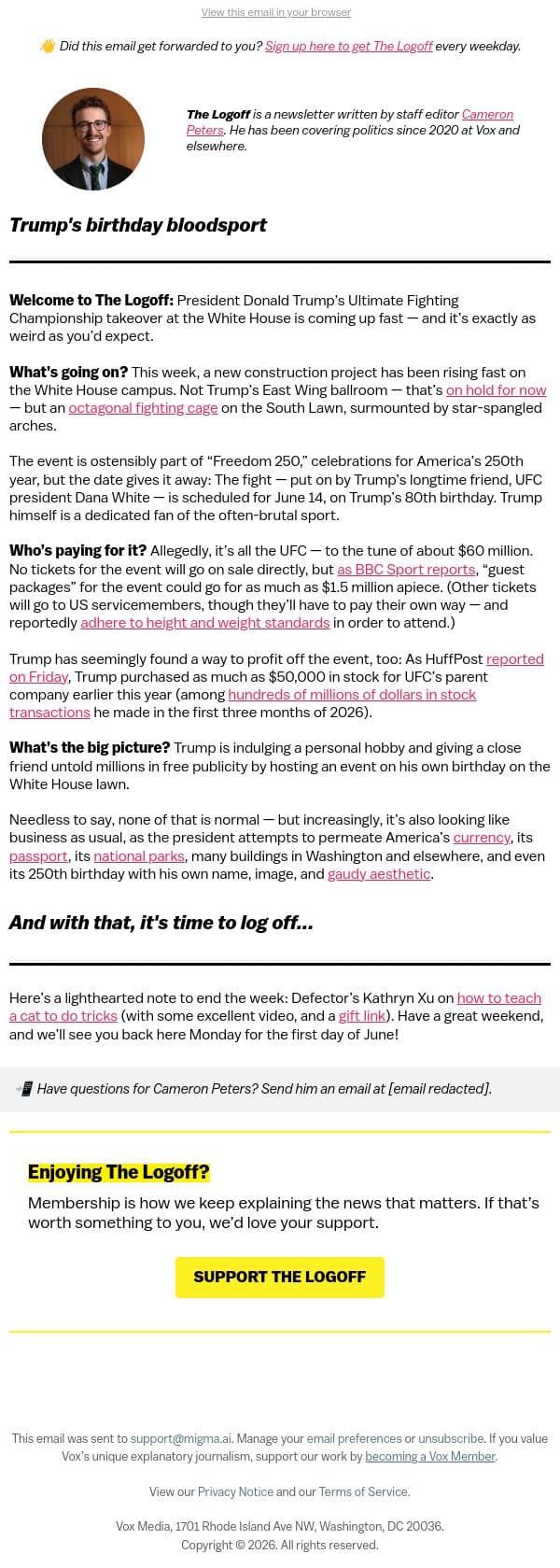 Trump's birthday bloodsport email from Vox screenshot