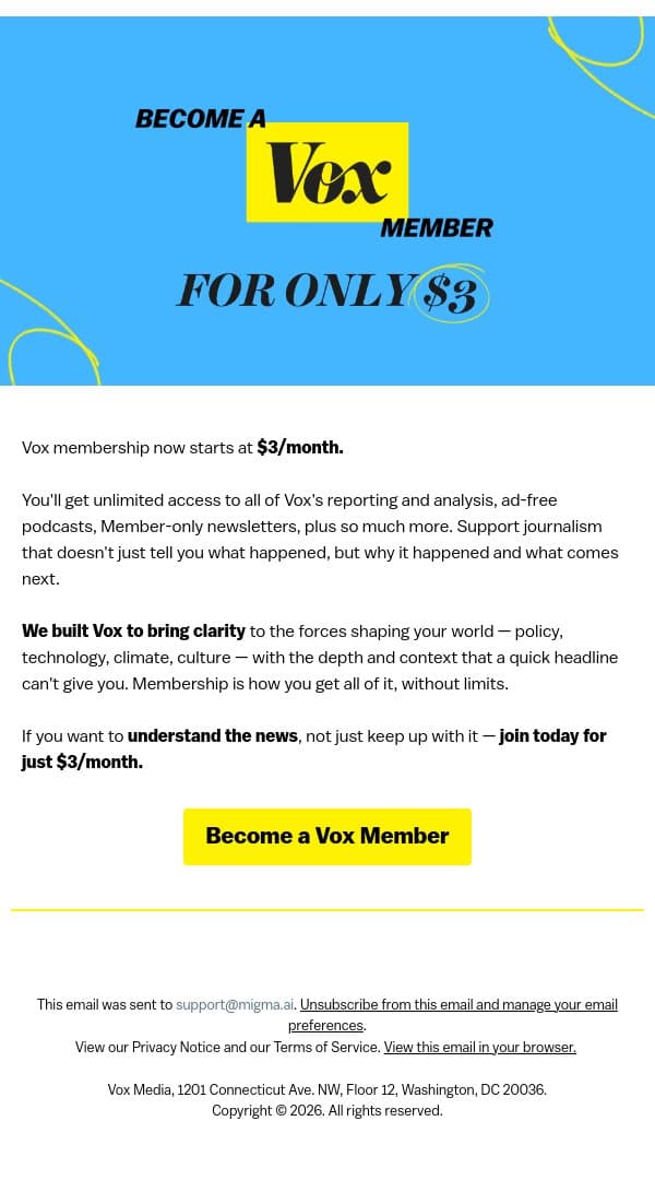 We explain the world. This price explains itself. Try Vox for $3/month. email from Vox screenshot