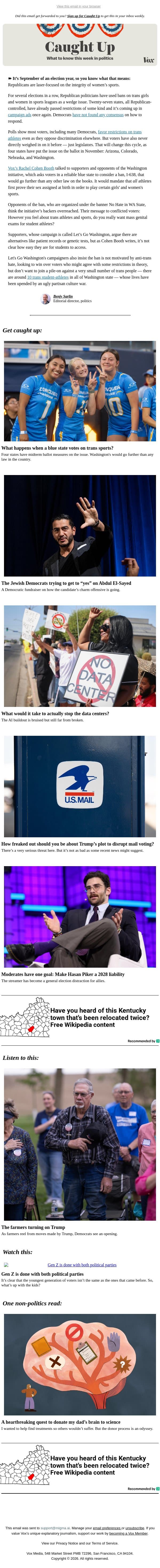 A blue-state trans sports ban? email from Vox screenshot